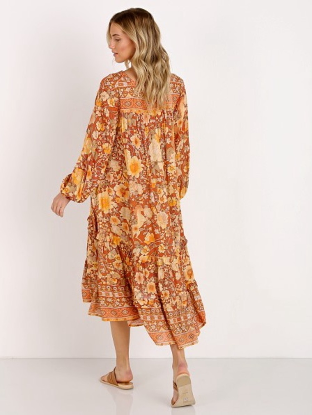 Spell & the Gypsy Boho Floral Tiered Midi Dress in Rust Orange size S - Picture 2 of 7